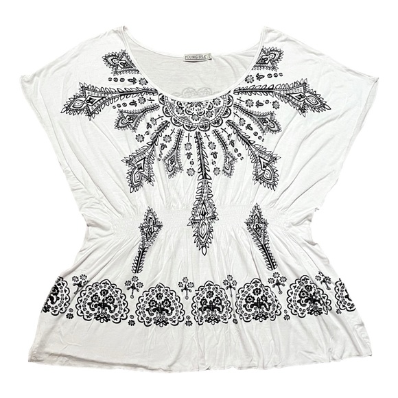 Young USA White Flowy & Drapy Boho Babydoll Top size Large - Picture 7 of 7